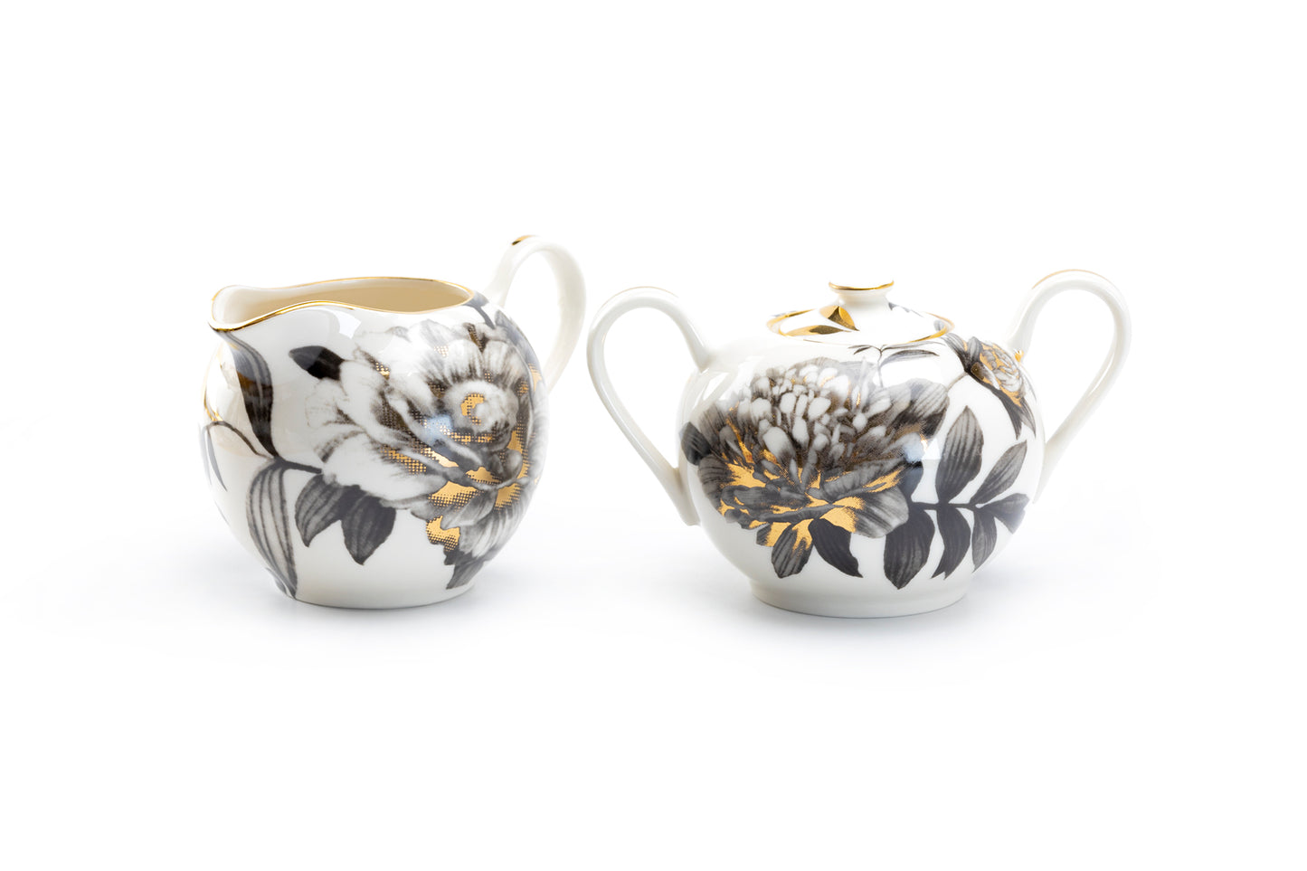 Grace Teaware Black Gold Peony Fine Porcelain Sugar & Creamer Set