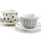 Grace Teaware Dark Grey Stripes and Dots with Blue Toile Fine Porcelain Cup and Saucer Sets
