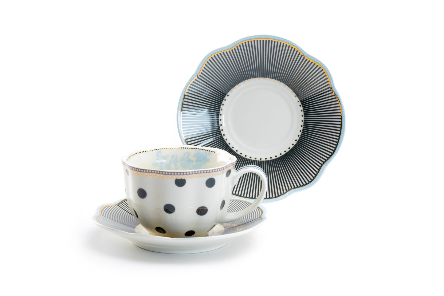 Dark Gray Stripes and Dots with Blue Toile Fine Porcelain Tea Set