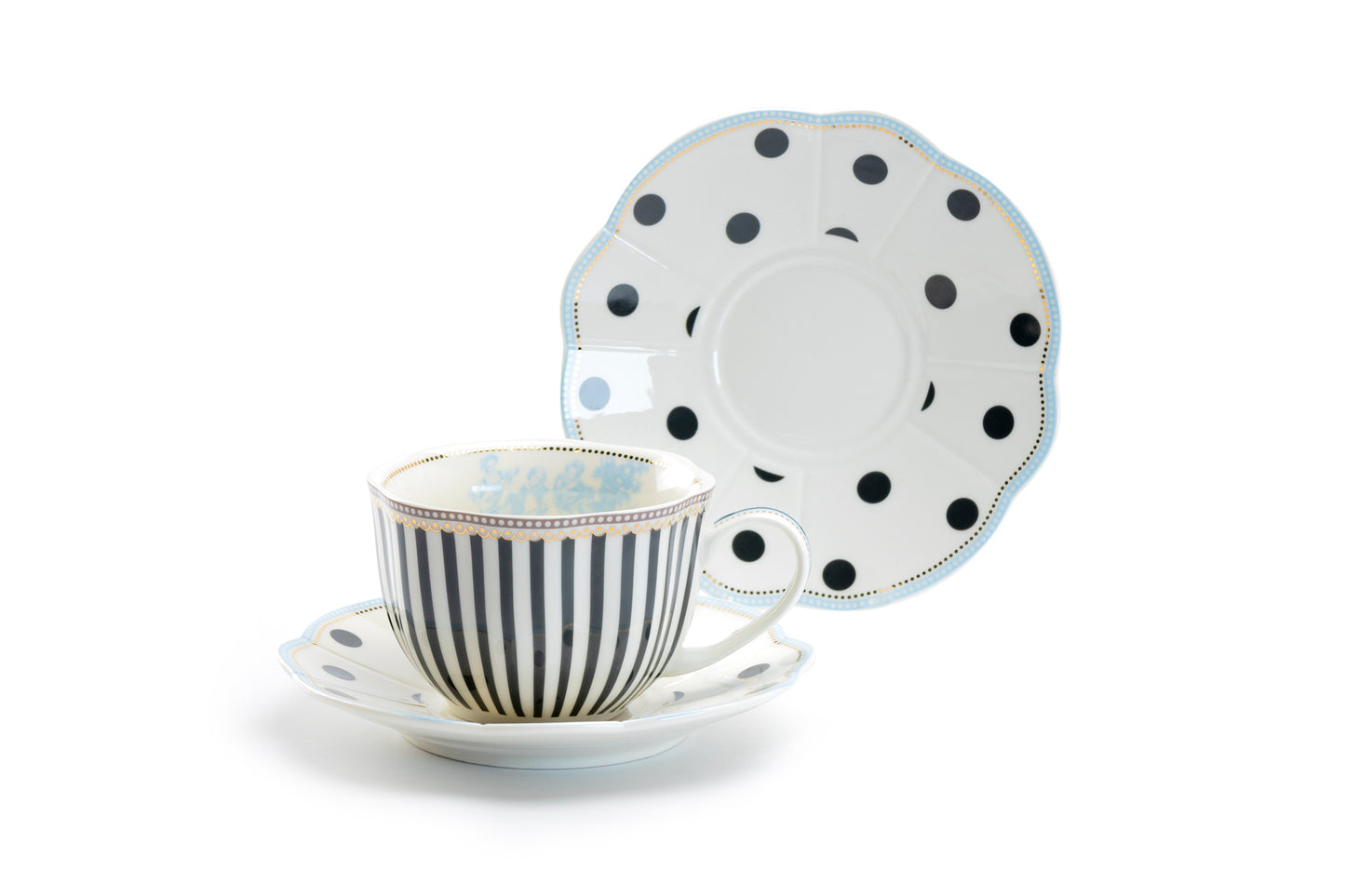 Dark Gray Stripes and Dots with Blue Toile Fine Porcelain Tea Set
