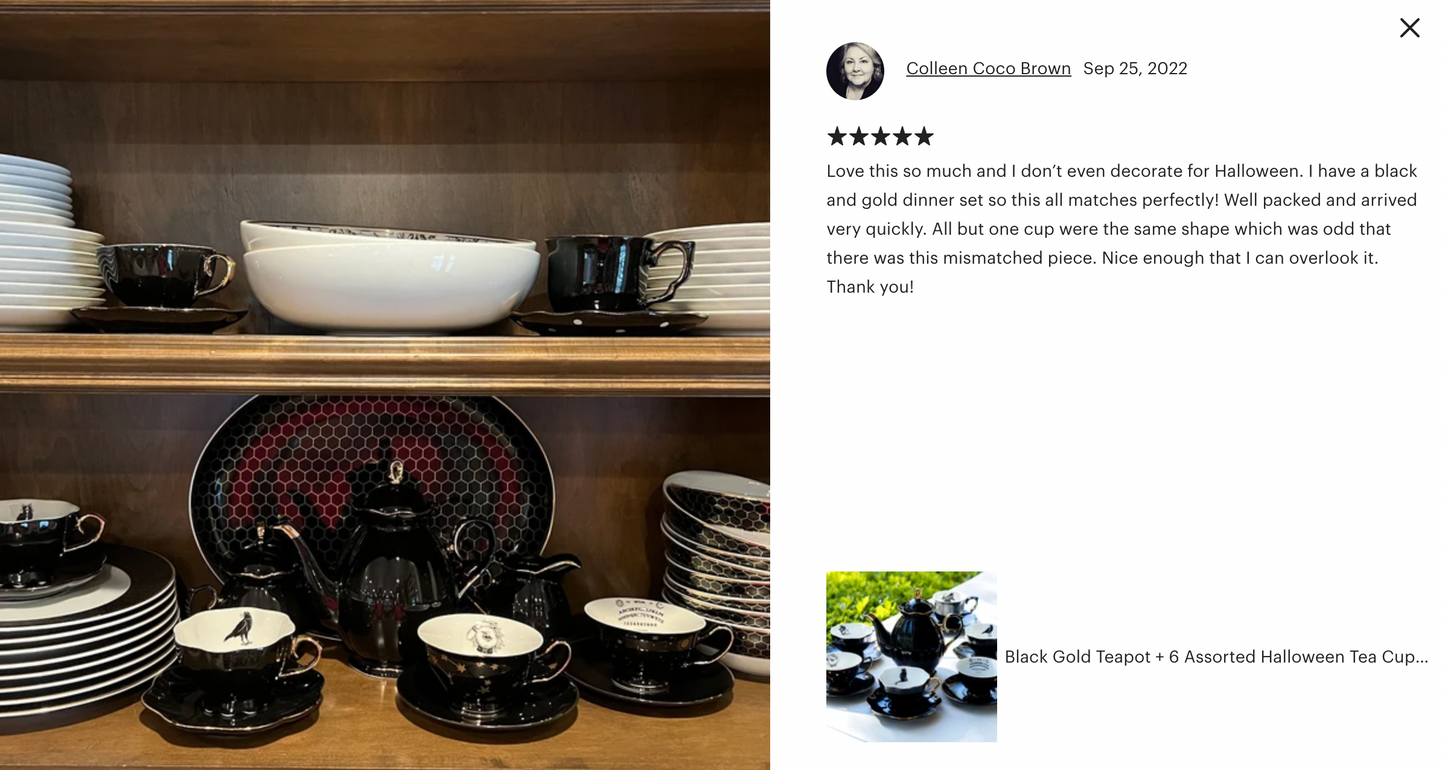 Black Gold Scallop Teapot + 6 Assorted Halloween Tea Cup and Saucer Sets - Ver. A