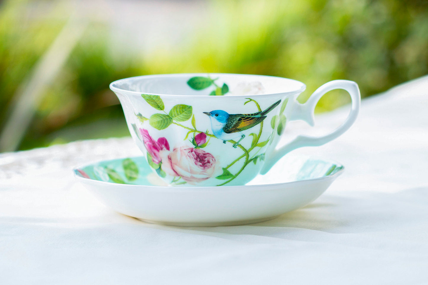 Gracie Bone China Blue Jay Pink Rose Bone China Tea Cup and Saucer