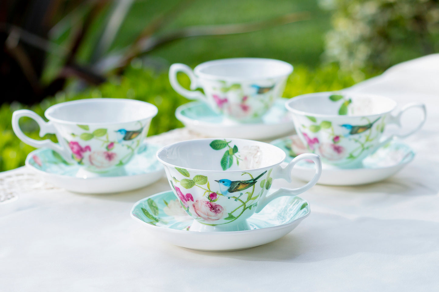 Gracie Bone China Blue Jay Pink Rose Bone China Tea Cup and Saucer Set of 4