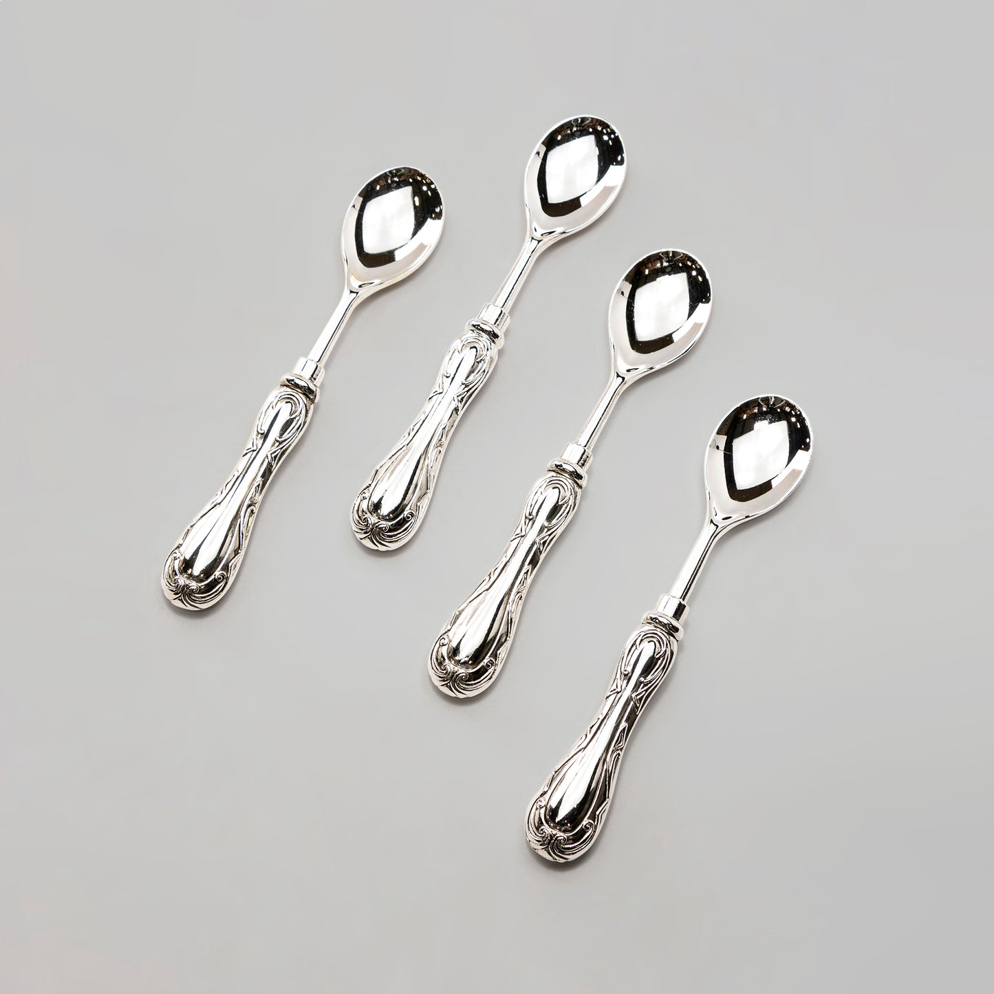 Silver Plated Demi Spoon Set of 4 with Scroll Decor Handle Design