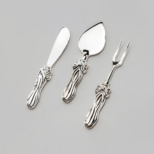 Silver Plated Hostess Flatware Set of 3 with Ribbon Handle Design
