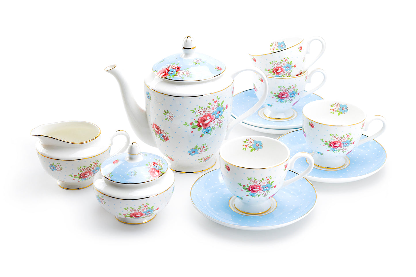 Stechcol Gracie Bone China Kensington Pink Rose Bone China 11-Piece Tea Set