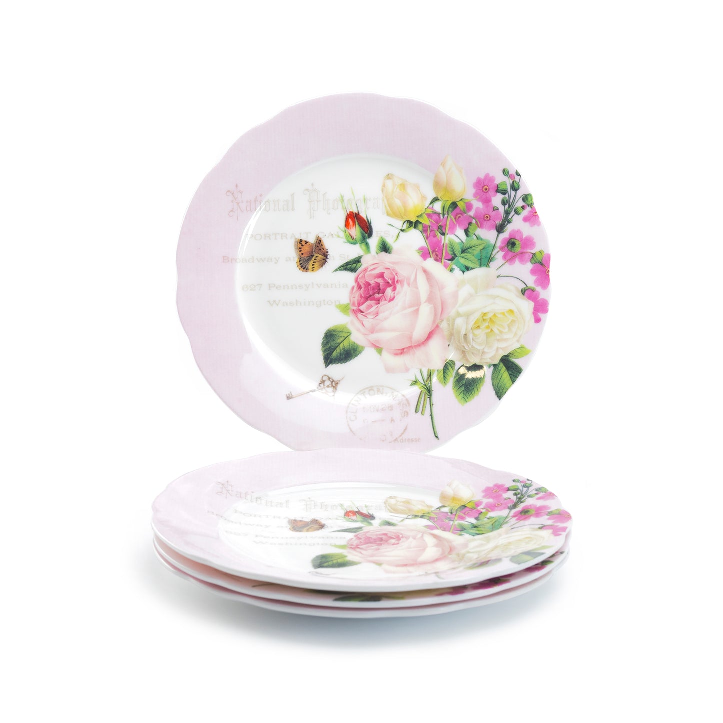 Stechcol Gracie Bone China 7.5" Rose Garden Bone China Dessert Salad Plate Set of 4