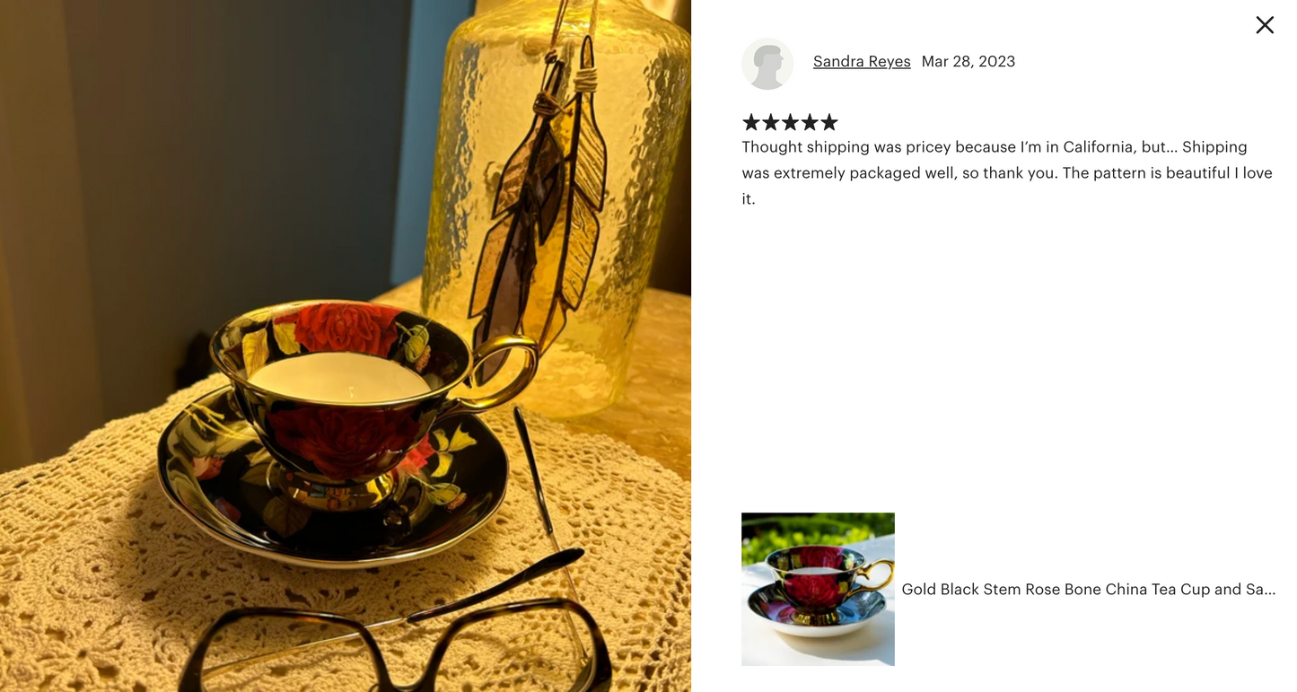 Gold Black Stem Rose Bone China Tea Cup and Saucer