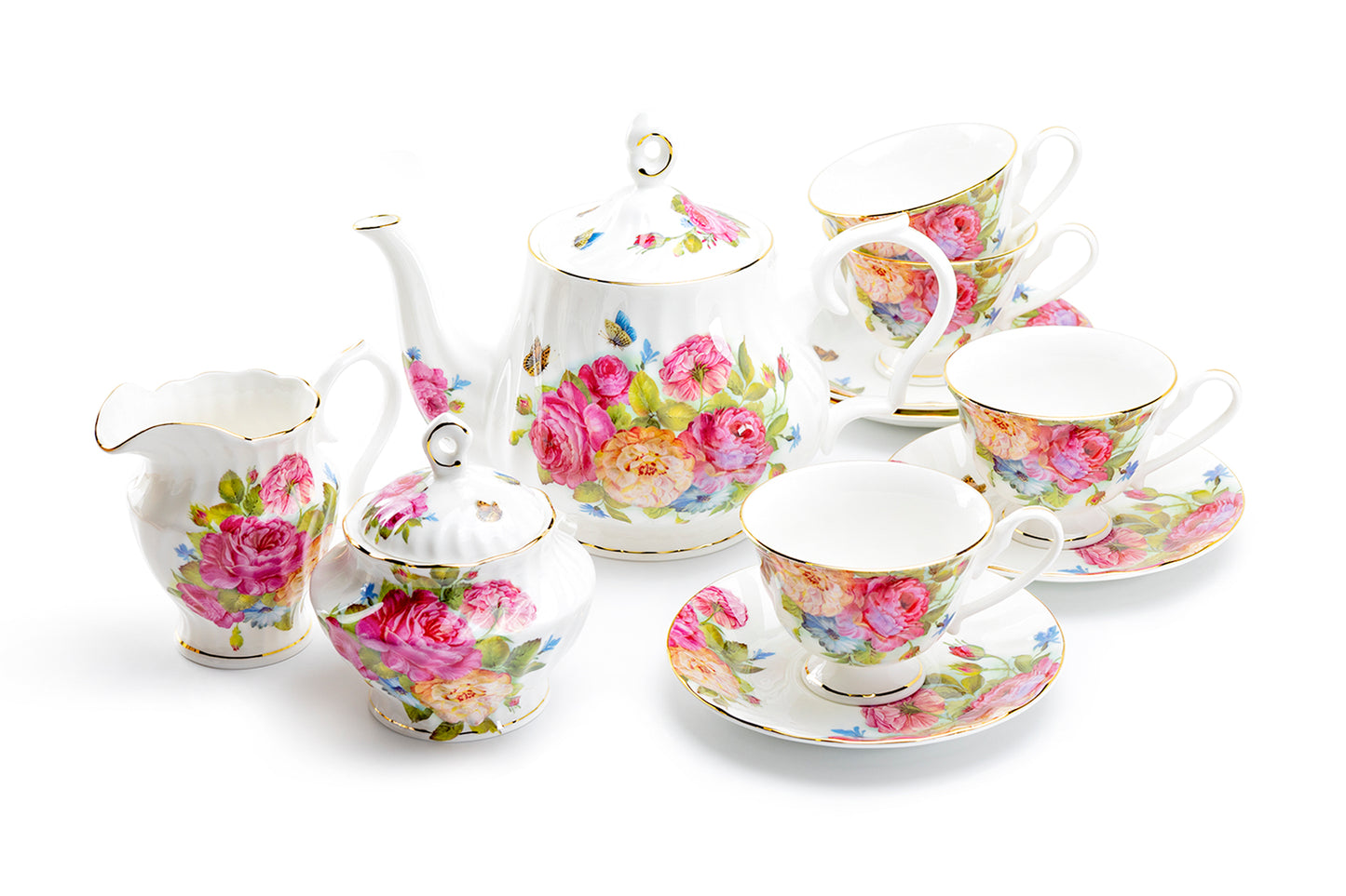 Stechcol Gracie Bone China Stechcol Rose Butterfly Bone China 11-Piece Tea Set