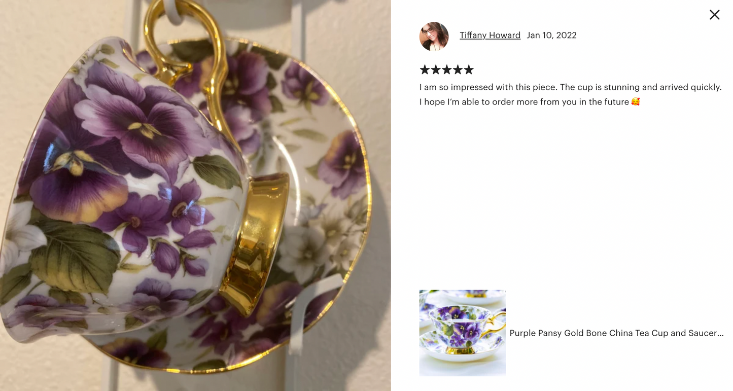 Purple Pansy Gold Bone China Tea Cup and Saucer