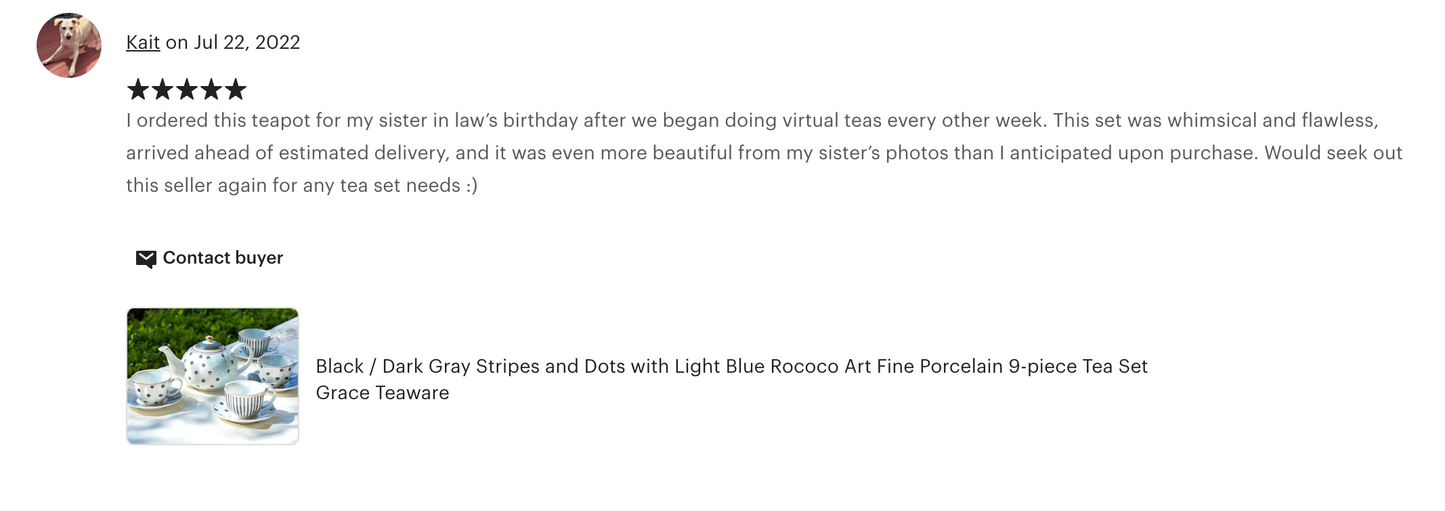 Dark Gray Stripes and Dots with Blue Toile Fine Porcelain Tea Set