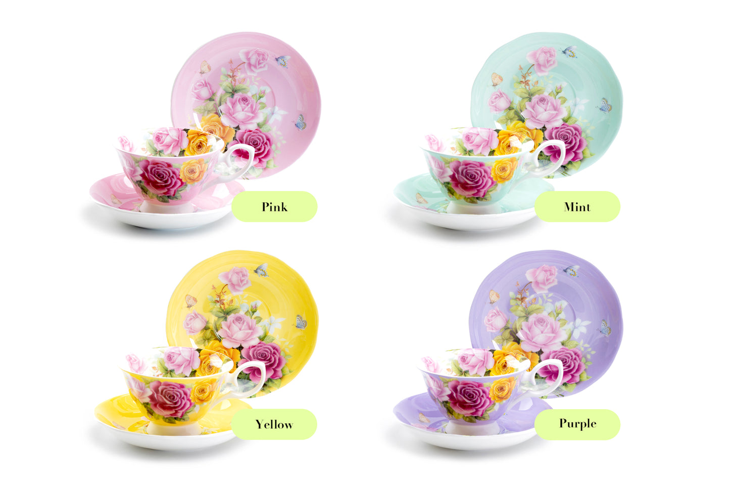 Rose Bouquet Mint Bone China Tea Cup and Saucer
