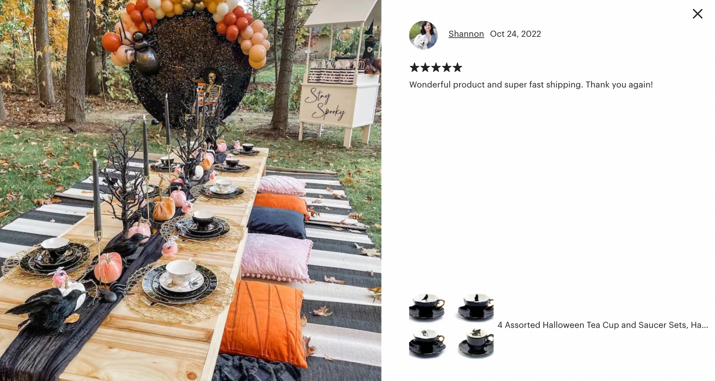 4 Assorted Halloween Tea Cup and Saucer Sets - Raven, Cat, Snake, Witch