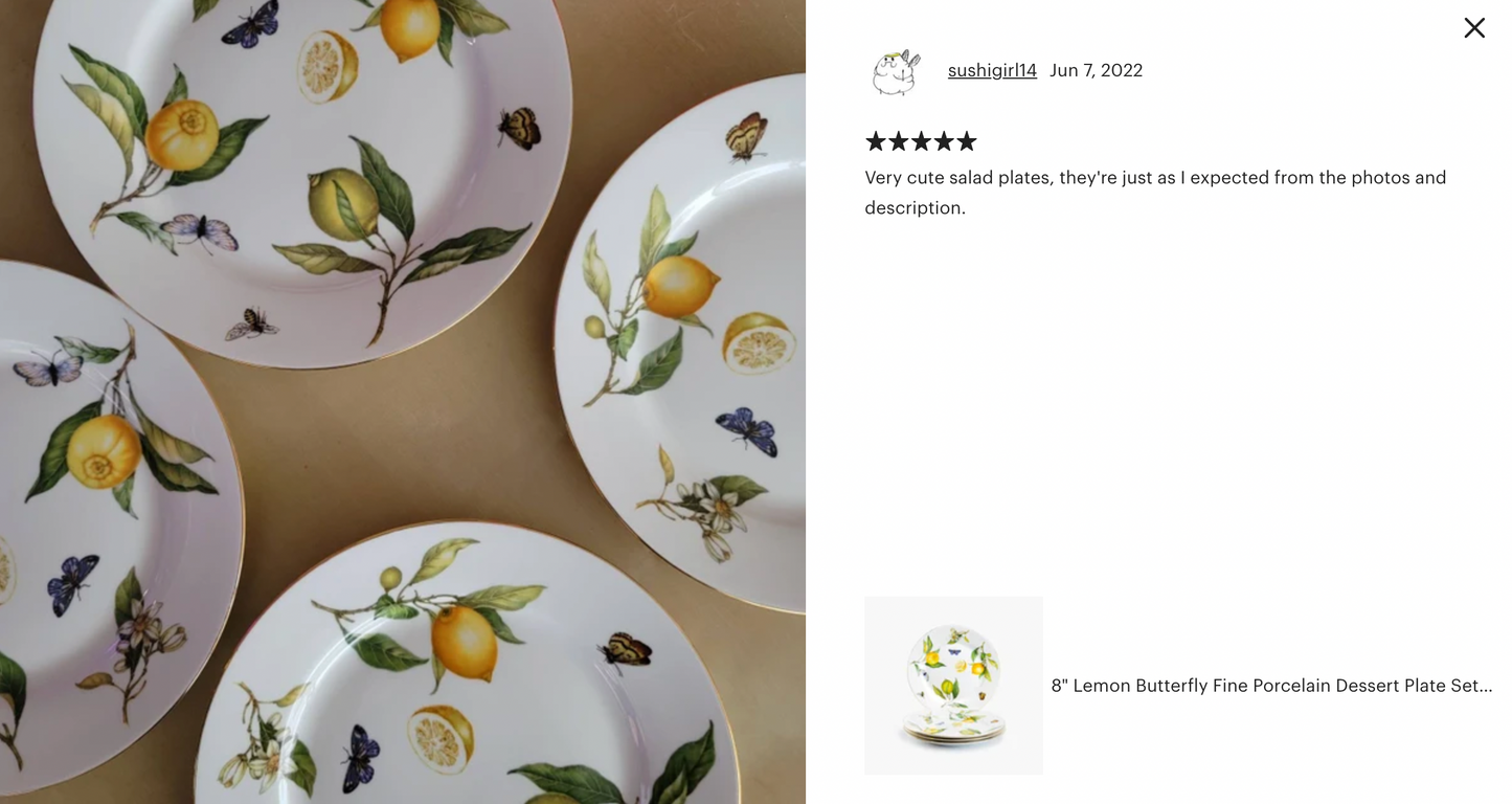 8" Lemon Butterfly Fine Porcelain Dessert Plate