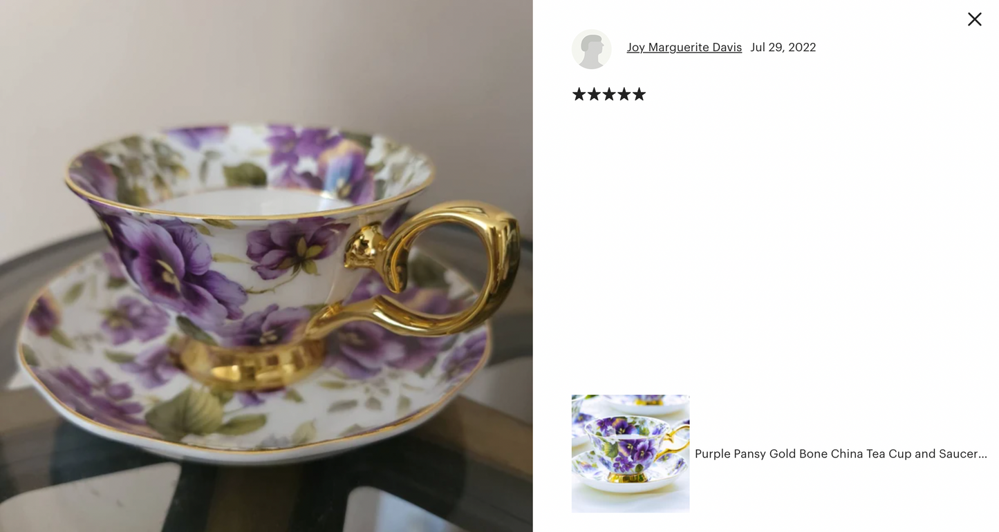 Purple Pansy Gold Bone China Tea Cup and Saucer