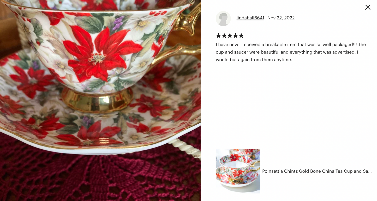 Poinsettia Chintz Gold Bone China Tea Cup and Saucer