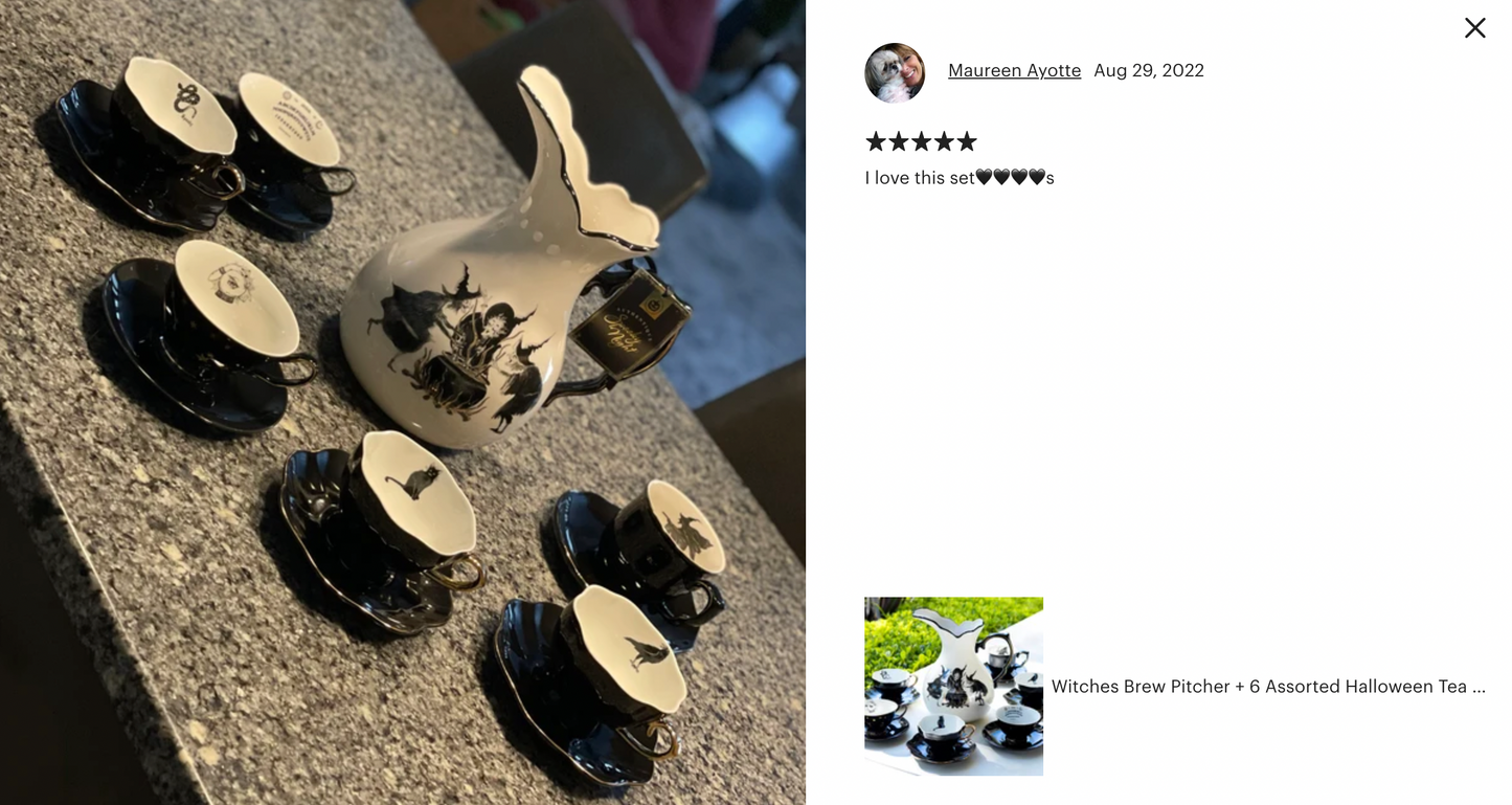 Witches Brew Pitcher + 6 Assorted Halloween Tea Cup and Saucer Sets - Ver. A