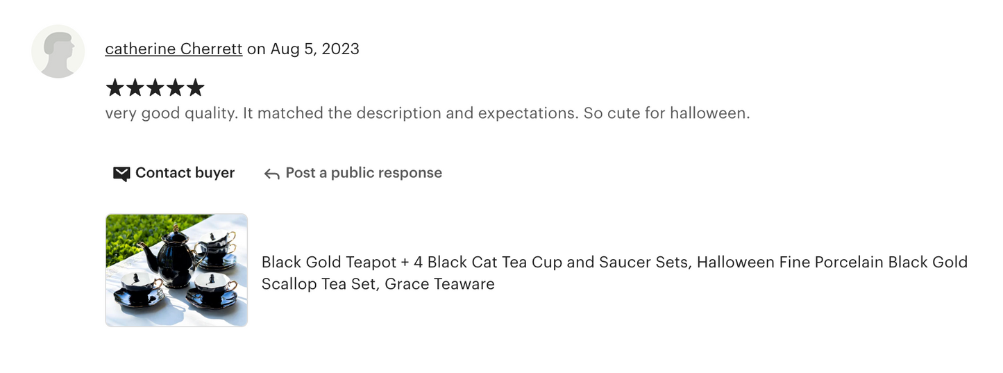 Black Gold Scallop Teapot + 4 Black Cat Tea Cup and Saucer Sets