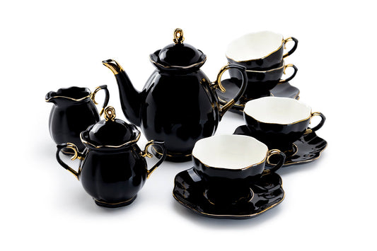 Grace Teaware Black Gold Scallop Fine Porcelain Tea Set