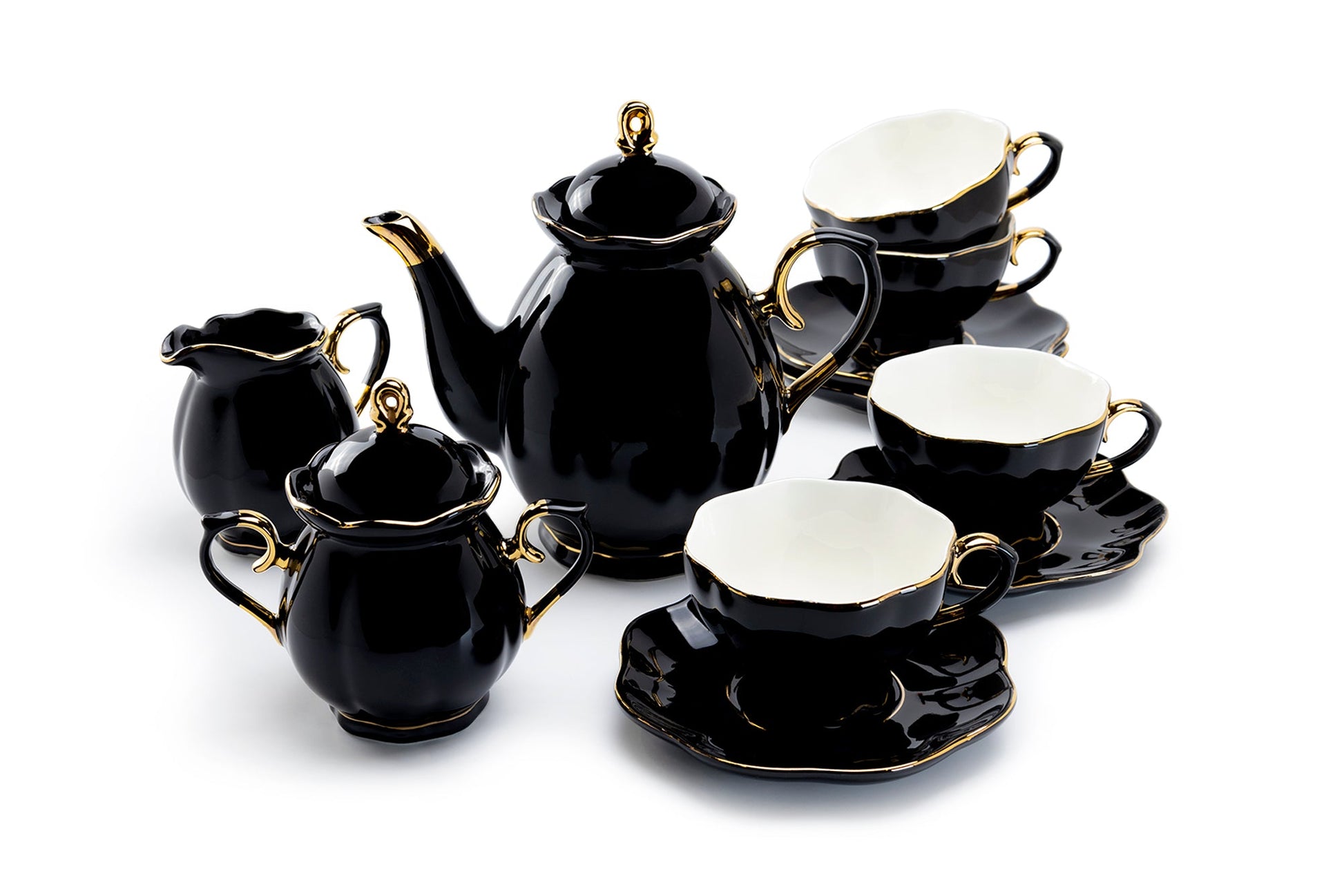 Black Gold Scallop Fine Porcelain 11-piece Tea Set, 1 Teapot, 1
