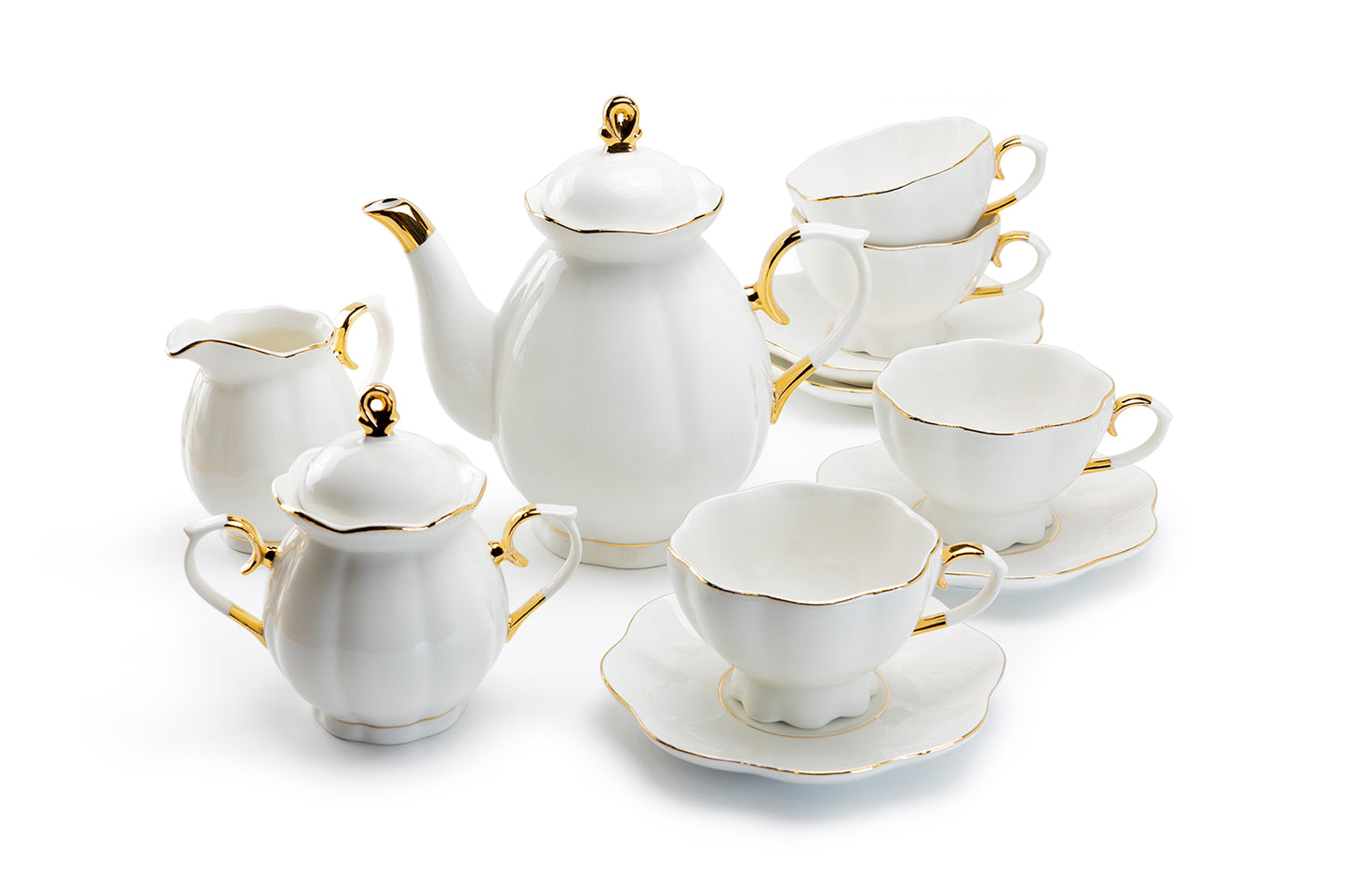 Grace Teaware White Gold Scallop Fine Porcelain 11-Piece Tea Set