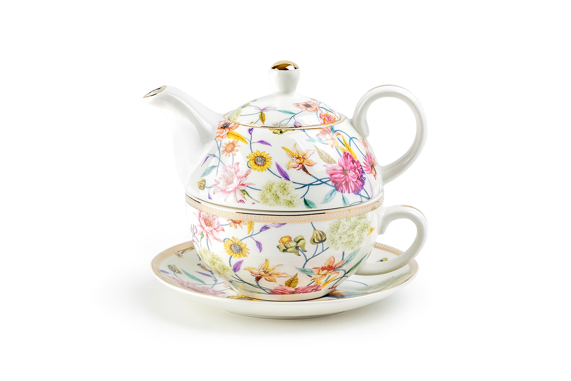 Grace Teaware Spring Flowers with Hummingbird Fine Porcelain Tea For One Set