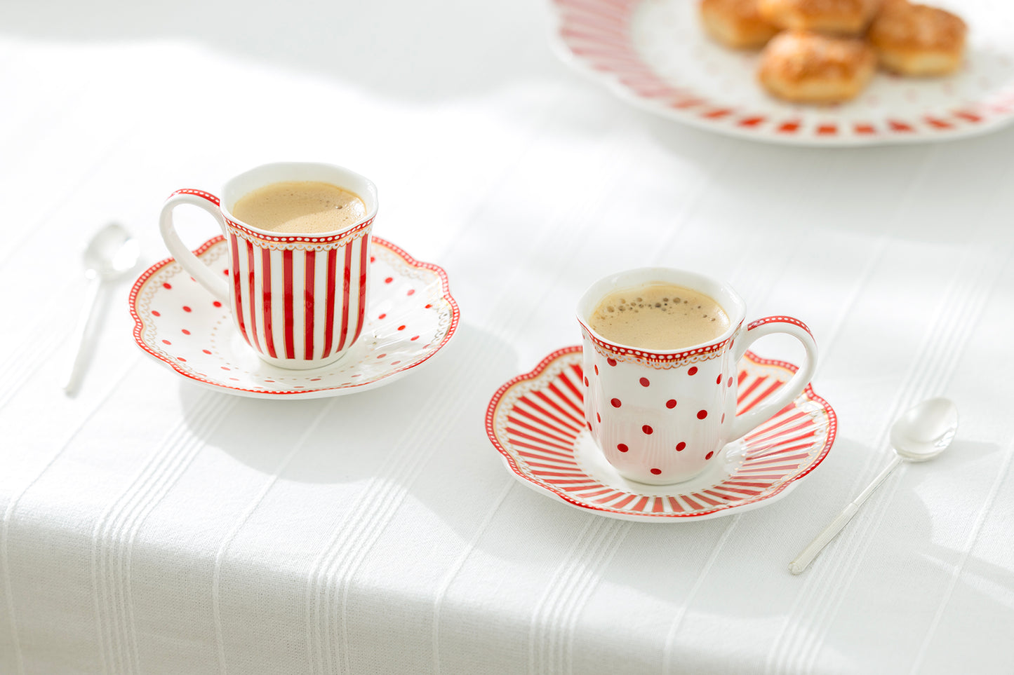 Red Josephine Stripes and Dots 3oz Espresso Demitasse Cups and Saucers