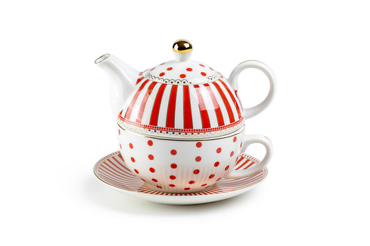 Red Josephine Stripes and Dots Fine Porcelain Tea For One Set