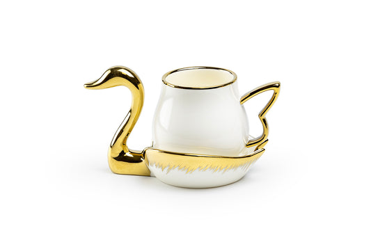 Golden Swan White Fine Porcelain Tea Cup and Saucer
