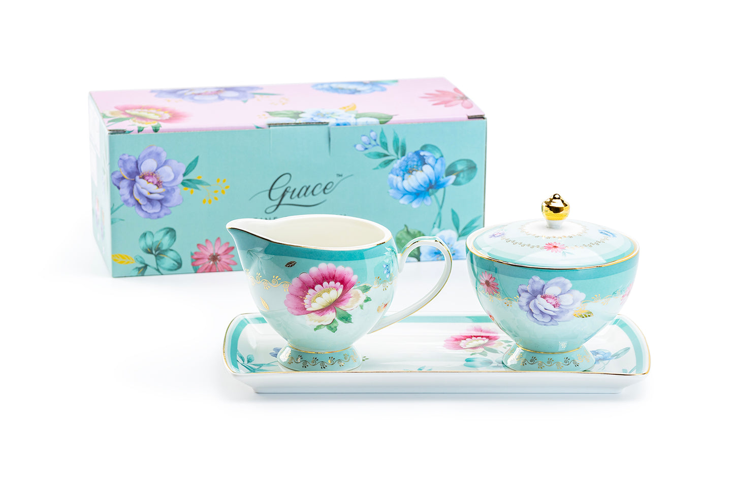 Grace Teaware Gift Boxed Mint Floral Garden Fine Porcelain Sugar Creamer & Serving Tray Set