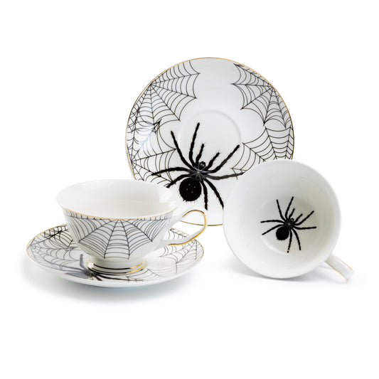 Halloween Spider White Gold Tea Cup and Saucer Set of 2