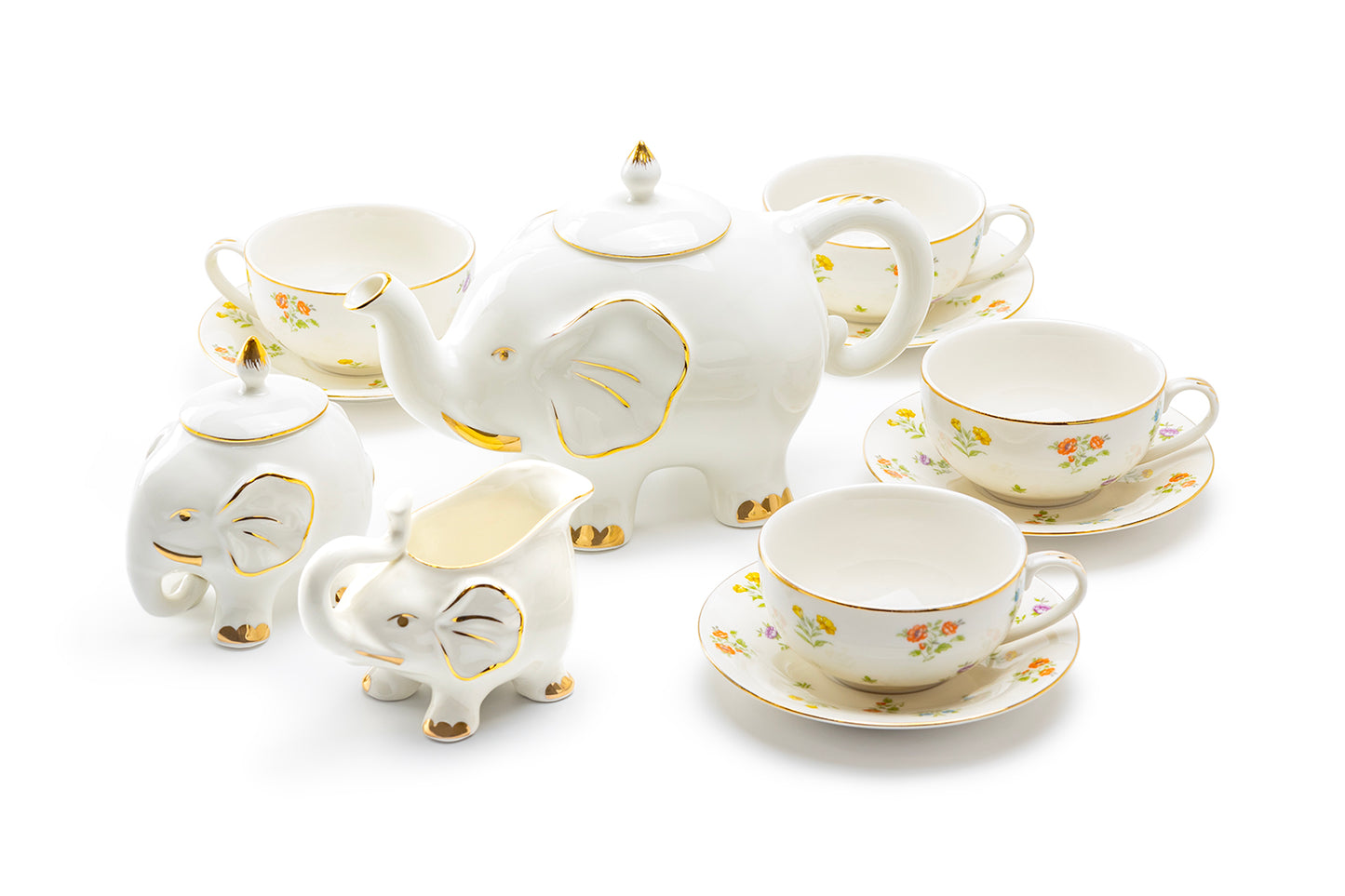 Grace Teaware White Gold Elephant Spring Flowers Fine Porcelain Tea Set