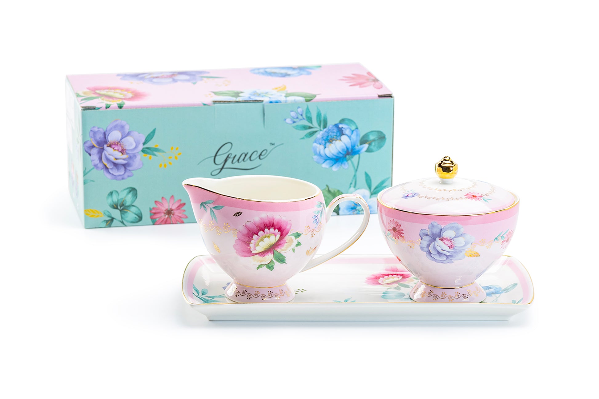Grace Teaware Gift Boxed Pink Floral Garden Fine Porcelain Sugar Creamer & Serving Tray Set