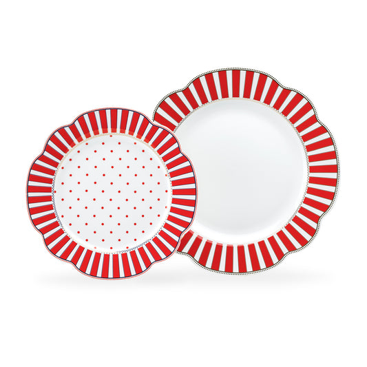 Grace Teaware Red Josephine Stripes and Dots Fine Porcelain Dessert / Dinner Plate