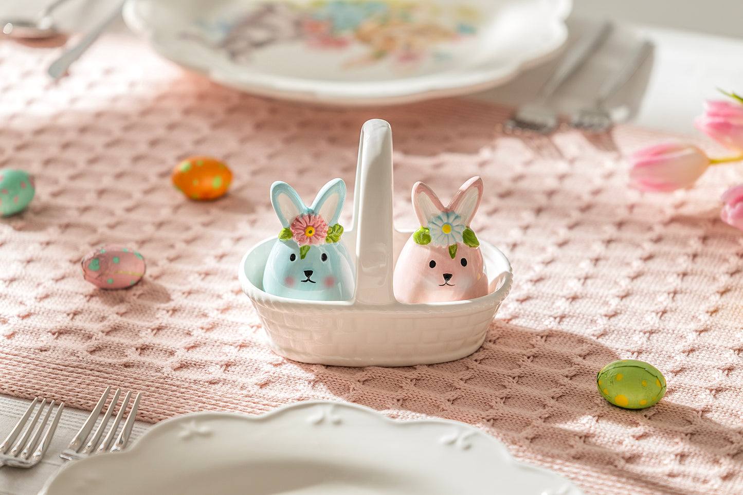Pink and Blue Egg Bunnies with White Basket Ceramic Salt and Pepper Shaker Set
