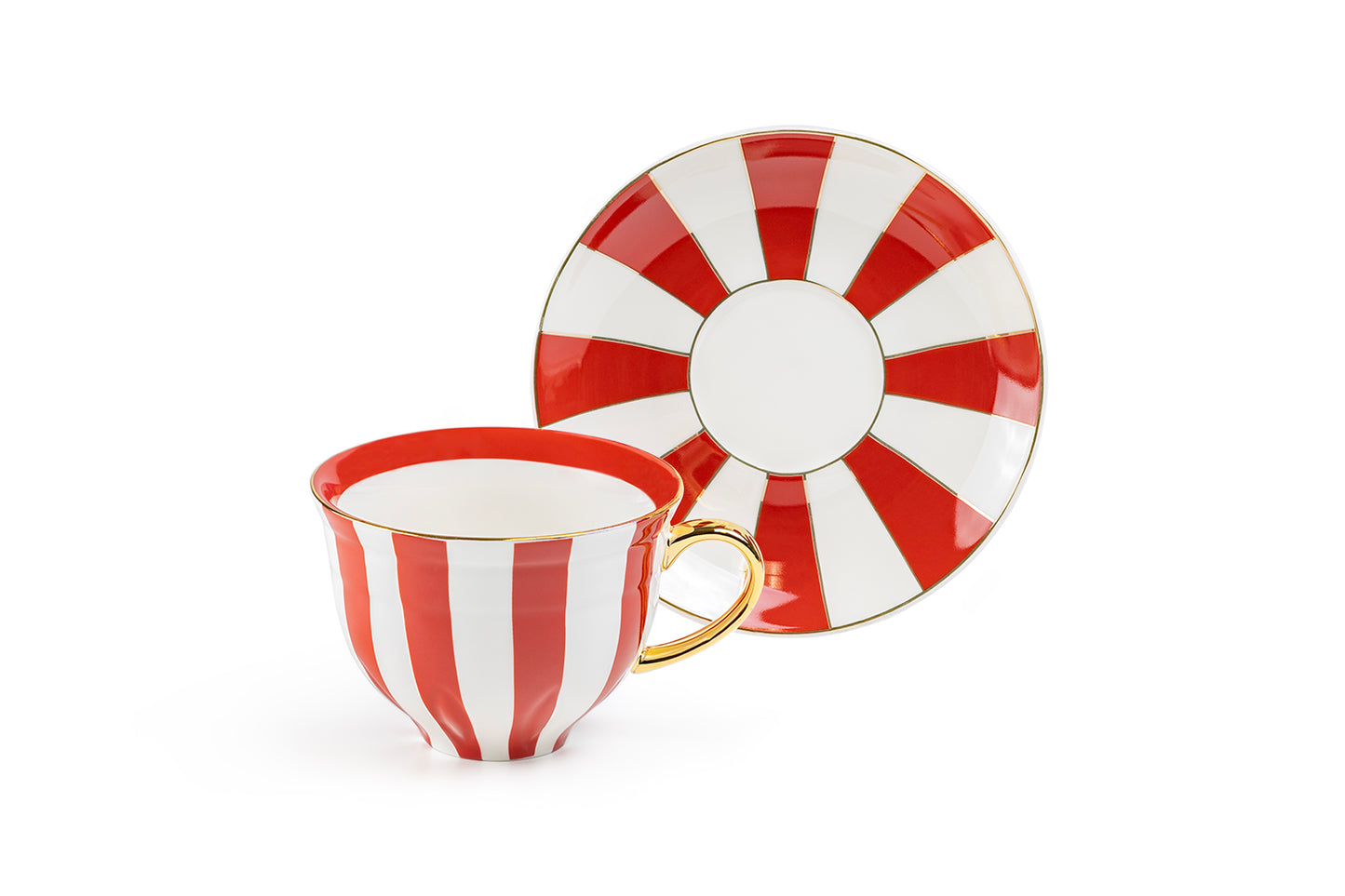 Red Carousel Stripes Fine Porcelain Cup and Saucer - 10oz