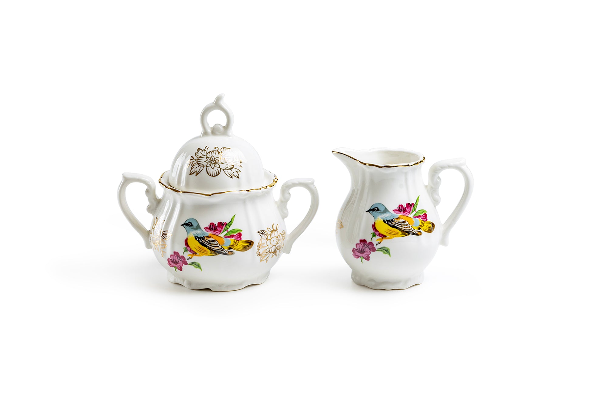 Grace Teaware Spring Flowers with Bird Fine Porcelain Children's Sugar & Creamer Set