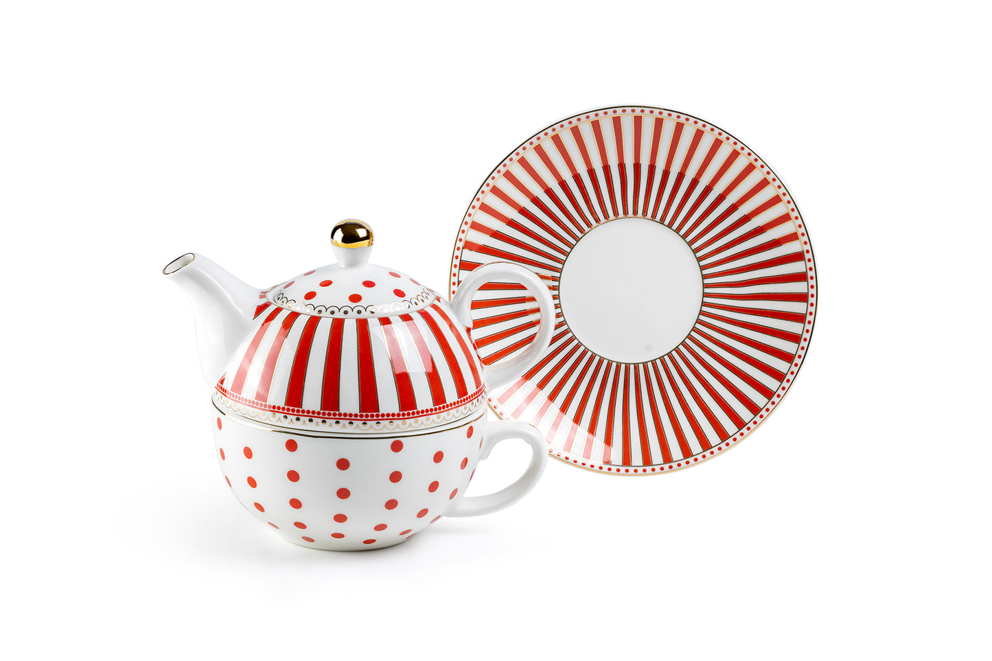 Red Josephine Stripes and Dots Fine Porcelain Tea For One Set