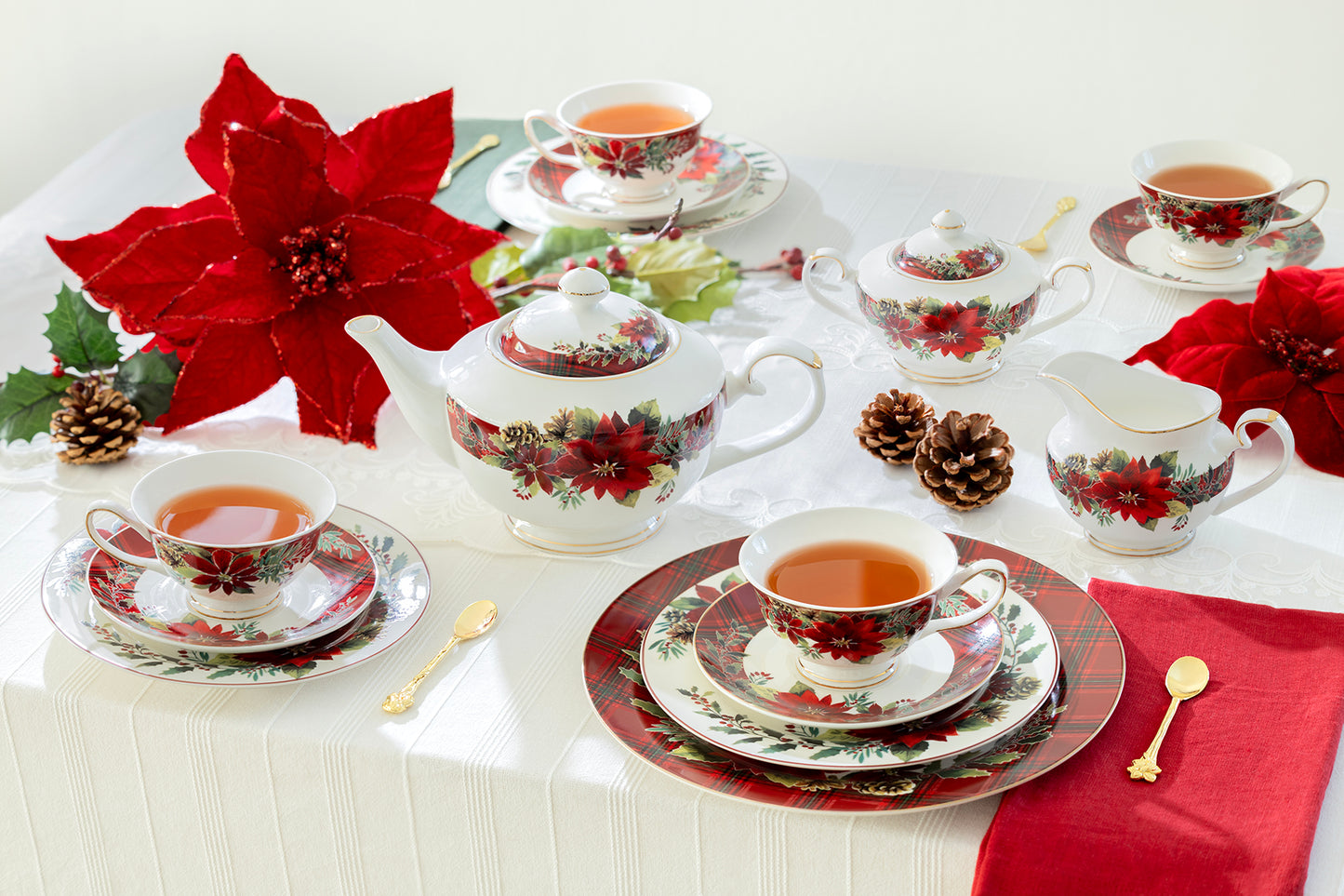 Poinsettia Pine Cone Fine Porcelain Tea Set