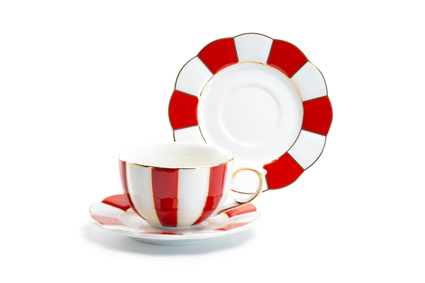 Grace Teaware Red and White Scallop Fine Porcelain Tea Cup and Saucer set