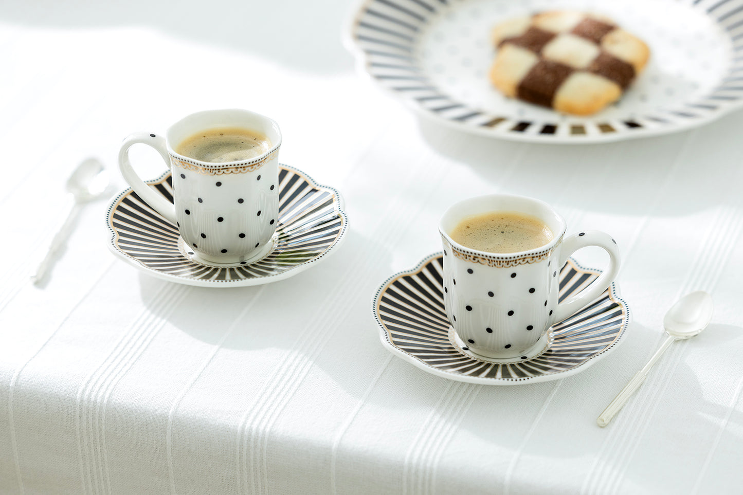 Black Josephine Stripes and Dots 3oz Demitasse Cups and Saucers