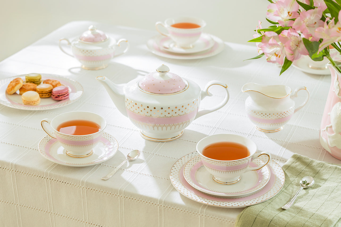 Pink Stripe with Gold Dots Fine Porcelain Tea Set