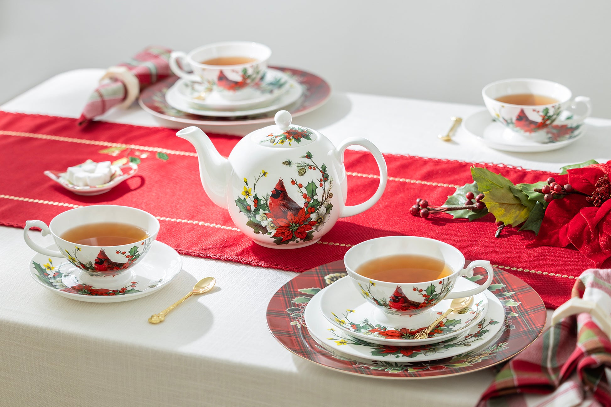 Stechcol Gracie Bone China Cardinal Poinsettia Holiday Christmas Tea Set