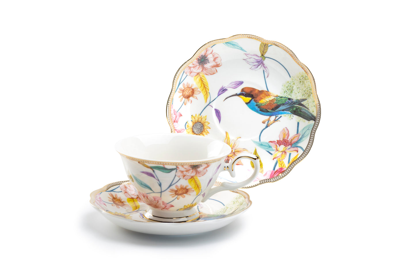 Spring Flowers with Hummingbird Fine Porcelain Fluted Cup and Saucer