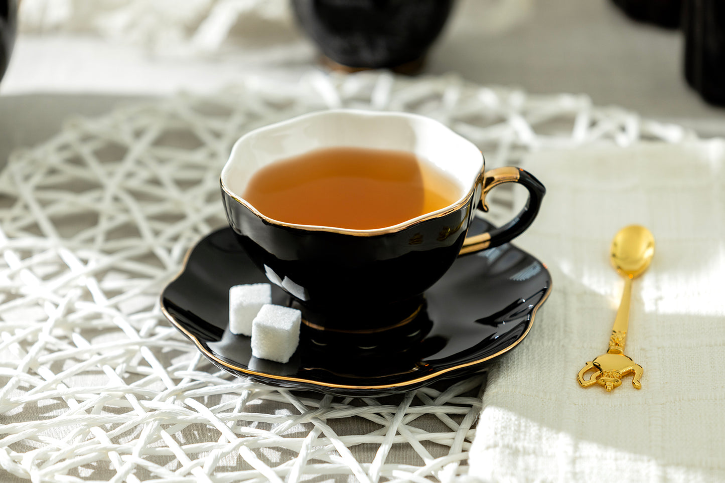 Black Gold Scallop Fine Porcelain Tea Cup and Saucer