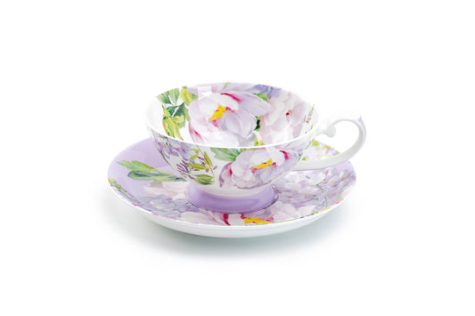 Stechcol Gracie Bone China Peony Bloom Purple Bone China Cup and Saucer