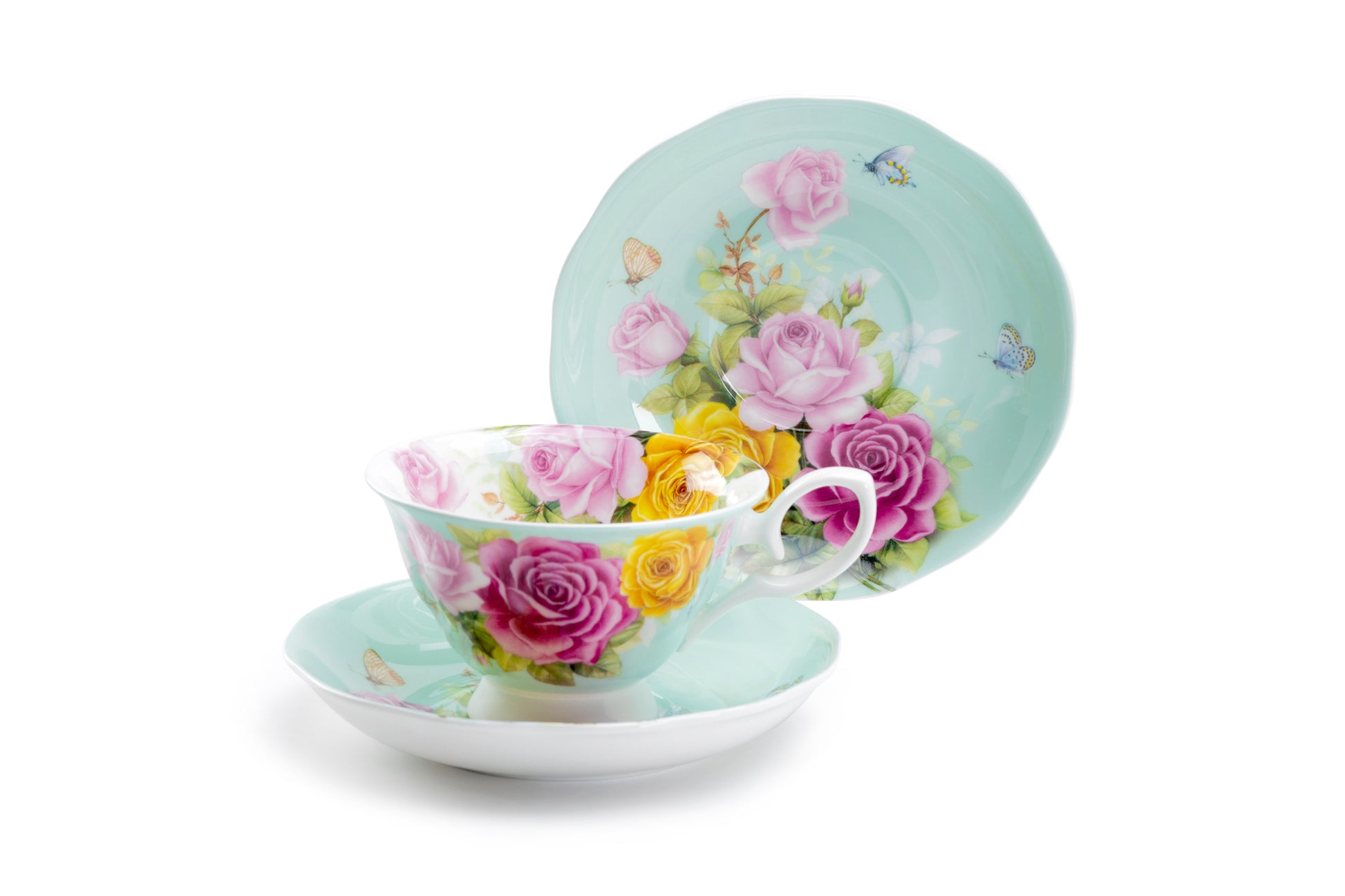 Stechcol Gracie Bone China Rose Bouquet Mint Tea Cup and Saucer Set of 1