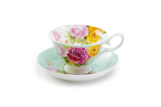 Stechcol Gracie Bone China Rose Bouquet Mint Tea Cup and Saucer