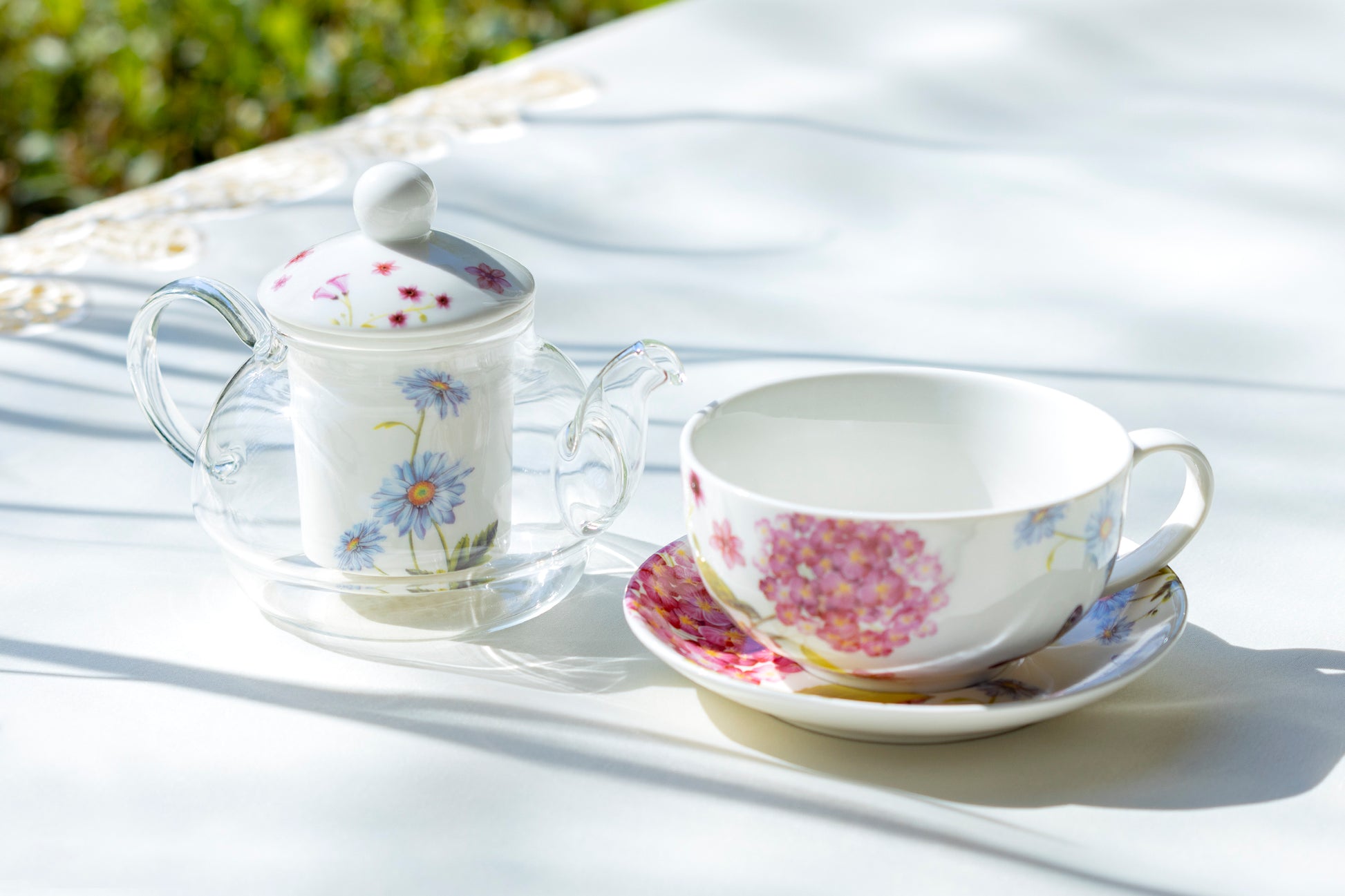 Hydrangea with Butterflies Glass Fine Porcelain Tea For One Set