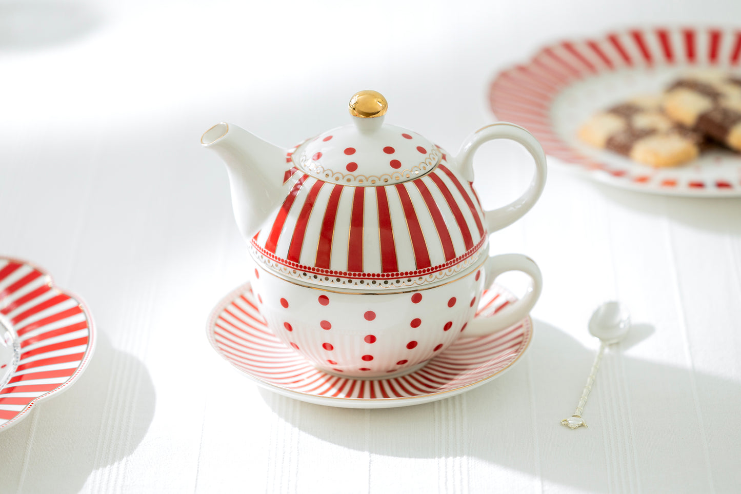 Red Josephine Stripes and Dots Fine Porcelain Tea For One Set